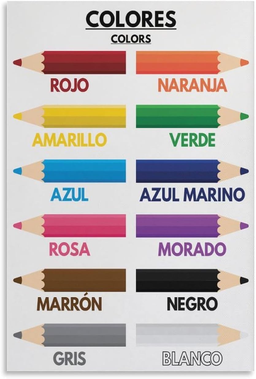 Kids Education Name - 1p, ชื่อสีสำหรับเด็ก, ภาษาสเปน, โปสเตอร์การเรียนรู้สีเพื่อการศึกษาแบบมอนเตสซอรี่, โปสเตอร์ตกแต่งห้องเรียน, ป้ายโลหะ,