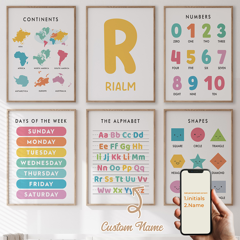 Kids Education Name - ภาพพิมพ์ติดผนังลายตัวอักษรชื่อส่วนบุคคล 6 ชิ้น สำหรับตกแต่งห้องนั่งเล่น ห้องเด็ก ตกแต่งบ้าน
