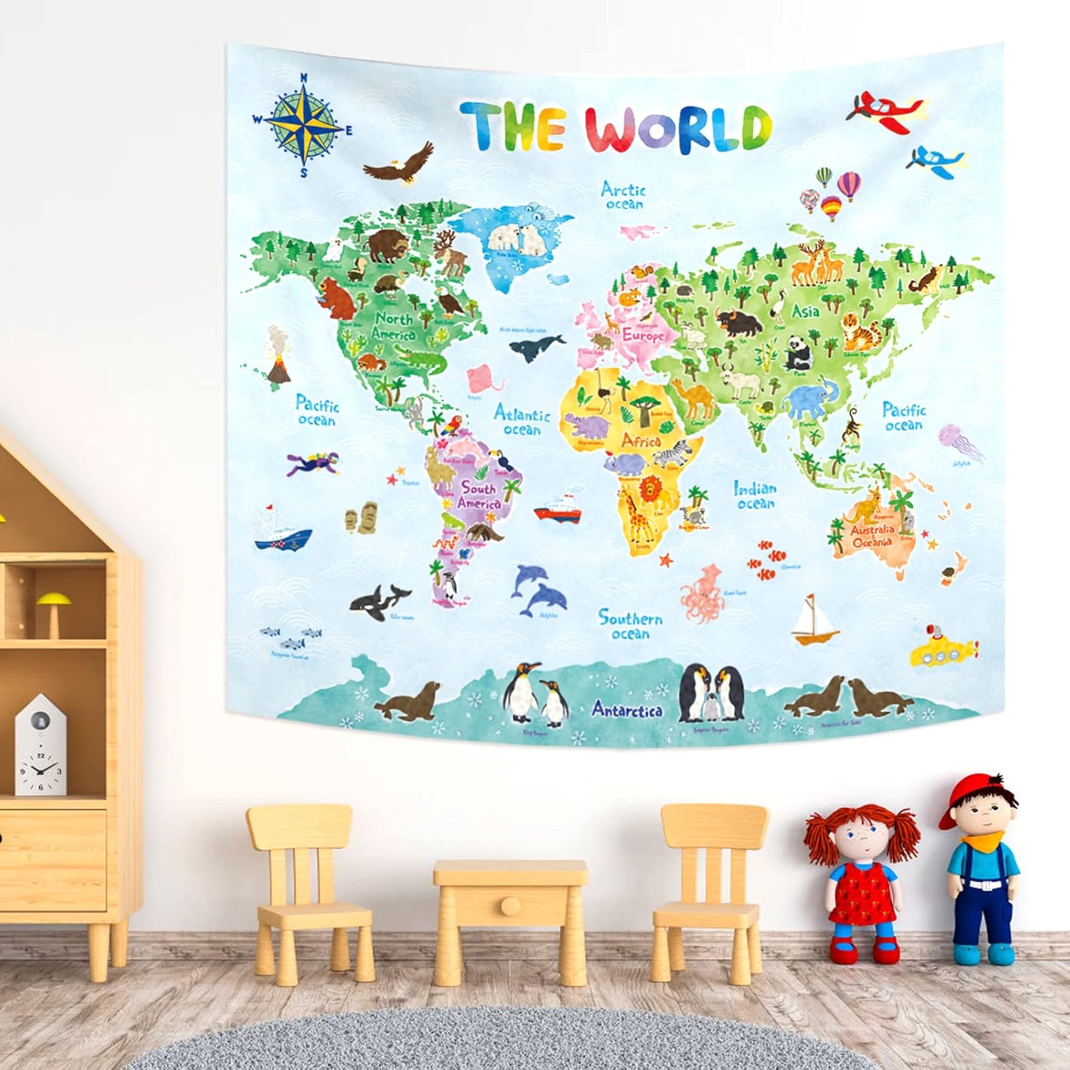 Kids Education World - แผนที่โลกสำหรับเด็ก ผ้าติดผนัง ศิลปะการเรียนรู้ภูมิศาสตร์ ตกแต่งห้องเด็ก ลายการ์ตูนสัตว์ ของเล่นเสริมพัฒนาการเด็ก
