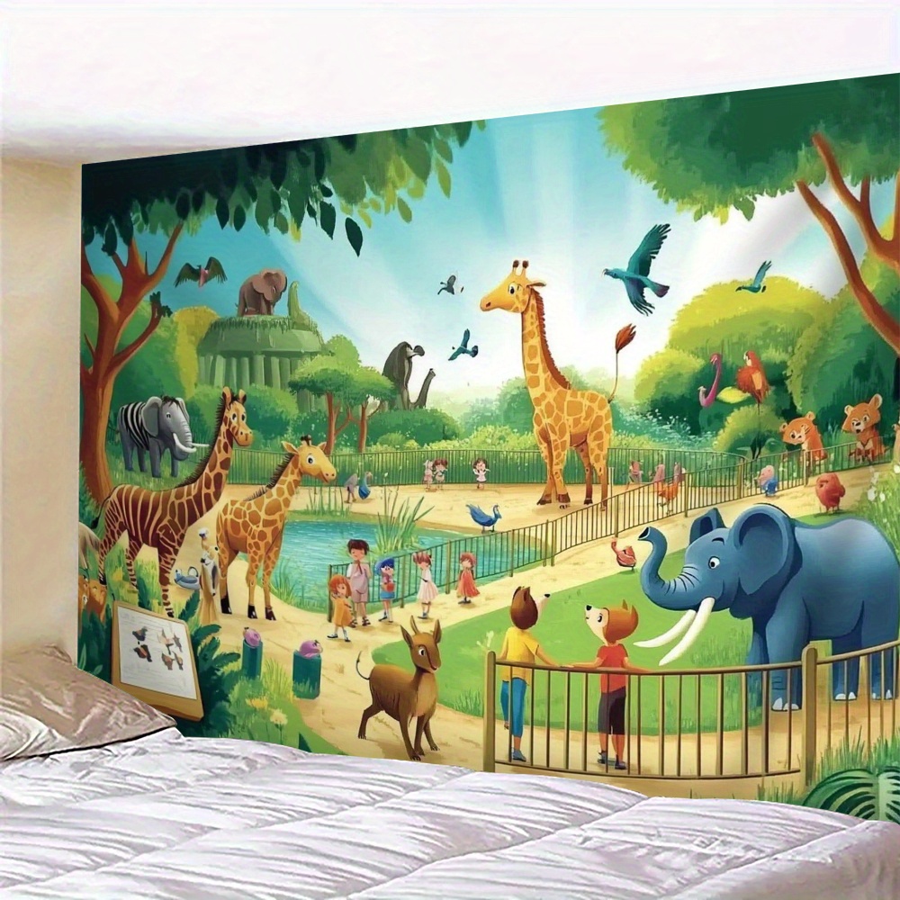 Background For Kids Education - 1 ชิ้น ผ้าแขวนผนังลายการ์ตูนสัตว์สวนสัตว์ ยีราฟ ช้าง สำหรับห้องเด็กเล่น